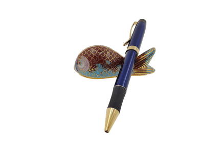 Ornate Chinese Cloisonné Pen Holder: Ornate Chinese Cloisonné Pen Holder, in the form of a stylized whale. Together with its original cardboard box. Length: ca. 3.2 inches (8.2 cm). Condition: Excellent.