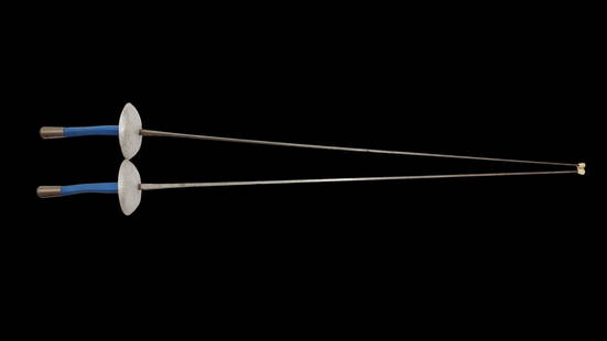 Set of 2 Fencing Foils: Set of 2 fencing foils, with French-style grips of blue polymer. Total length: ca. 43.30 inches (110 cm). Condition: Very good.