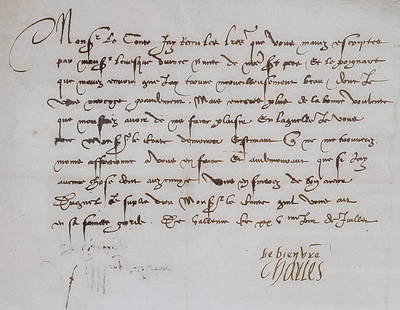 Important, Original Letter from King Charles IX of France: Important, original signed letter from CHARLES IX of France (1550 - 1574) to Count Gambara, thanking him for a dagger on which he writes: "... I found [it]marvelously beautiful. Yours, Charles".