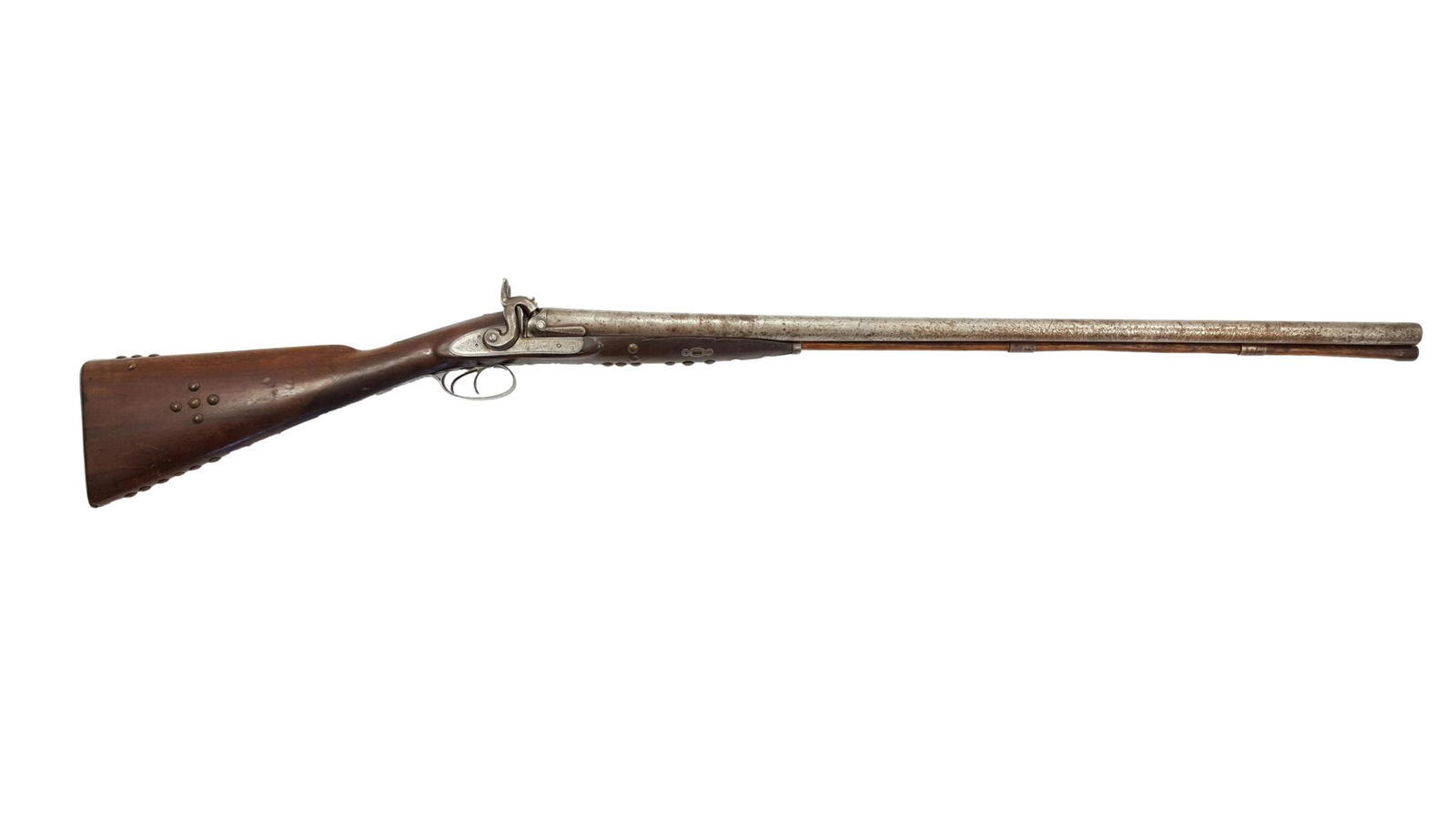 Double Barrel Percussion Shotgun, 12 guage: Double Barrel Percussion Shotgun, 12 gauge, with typical Native American, antique brass tac ornamentation. Both lockplates marked "Eaton and Abbey", lockplates, hammers, and trigger guard are all ador