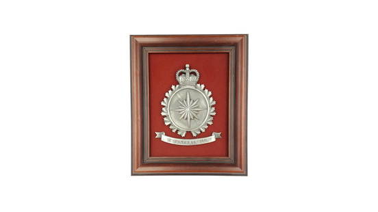Ultra Rare Canadian Army Intelligence Presentation Plaque: Extremely Rare Canadian Military Intelligence Presentation Plaque, with the Intelligence badge (ca. 13 x 11cm) cast from solid pewter and professionally mounted on a cherry wood stained, hardwood