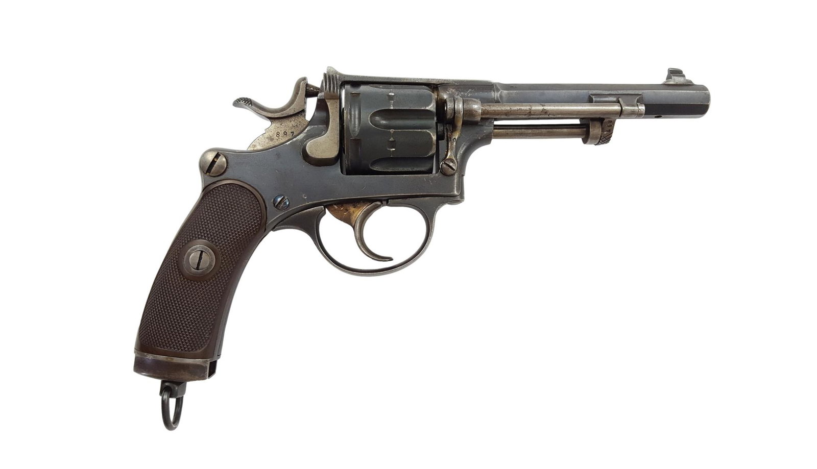 Swiss Ord. Revolver Mod. 1882, 7,5mm, #2897: Swiss Ord. Revolver Mod. 1882, 7,5mm, #2897, brown hard rubber checkered grip scales with Swiss cross, Condition: E with traces of corrosion scars, vertical hole drilled completely through the barrel 