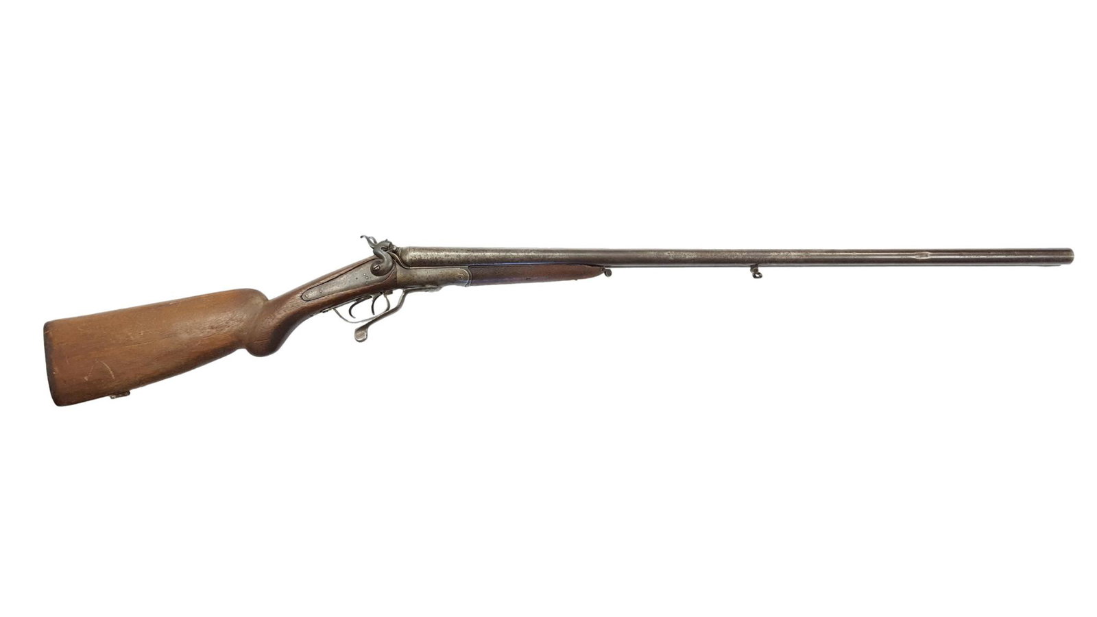 Belgian Double Barrel / Hammer Shotgun: Double barrel / hammer shotgun, Belgian, cal. 16, #1689, damascus barrel inscribed above with "Rickenbach in Basel". Condition: D [IDV]