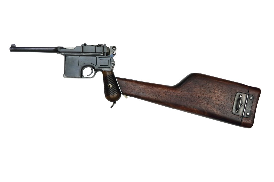 Mauser C96, Pre-War Commercial Version: Pistole, Mauser, C96, kommerzielle Vorkriegs-Ausfuehrung mit Holzanschlagschaft, Kal. 7,63x25, #177959, Zustand: C+ [WES]