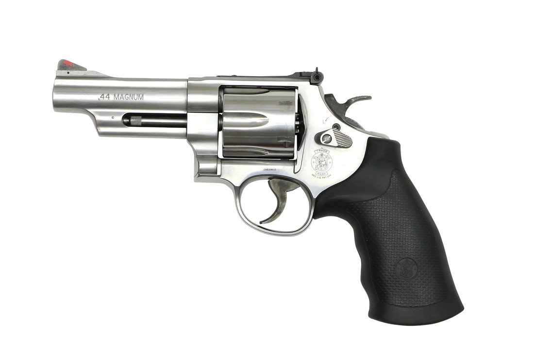 Smith and Wesson 629-6: Revolver, Smith and Wesson, Mod. 629-6, stainless, Hahn und Abzug buntgehaertet, mit original schwarzem Gummigriff mit Smith & Wesson Logo, Mikrovisierung, Korn mit roter Kunststoffeinlage, Lauflaenge
