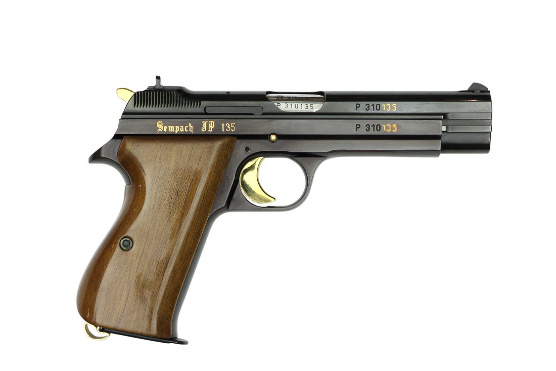 SIG P210 Commemorative: Battle of Sempach-600 Years: Jubilaeumspistole, SIG, P210 - 600 Jahre Schlacht bei Sempach 1386-1986. Hochglanzpoliert und brueniert, links in Gold eingelegt: "600 Jahre Schlacht bei Sempach 1386 - 1986", vergoldete Bedienelement