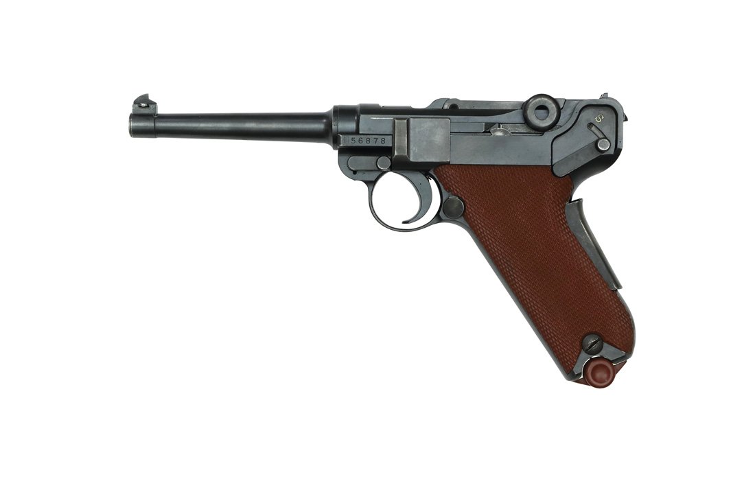 Swiss Army Parabellum, eidg. Ord. Mod. 1906/29: Pistole, Parabellum eidg. Ord. Mod. 1906/29, Waffenfabrik Bern, brueniert, erste Ausfuehrung mit roten Canevasit Griffschalen und vernickeltem Falzmagazin mit rotem Boden, dazu Holster mit Zusatzmagaz