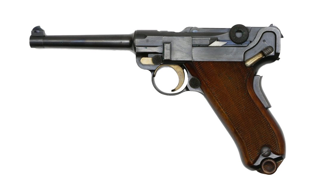 Swiss Army Parabellum, Mod.1900/06 mit Holster: Pistole, Parabellum eidg. Ord. Mod. 1900/06, Waffenfabrik Bern, sogenannte erste Ausfuehrung mit interessanter, eher tiefen Seriennummer, nummergleich, spiegelblanker Lauf. Original V-Kimme, Huelsenko