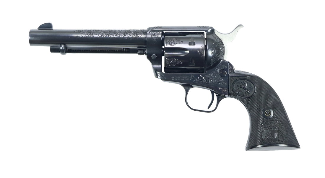 Colt, Single Action Army: Revolver, Colt, Single Action Army, Kal. .357 Mag, #67098SA, brÃ¼niert, maschinell graviert, Hahn blankpoliert, schwarze Kunststoff Griffschalen mit Colt Logo und US Adlermotiv, LauflÃ¤nge: 5 1/2 