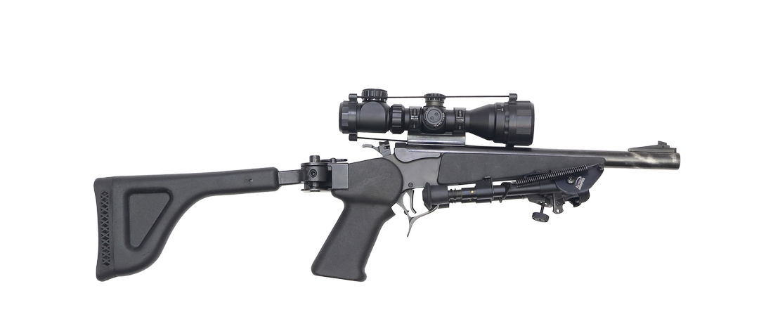 Thompson Contender, .22lr,: Einzelschusspistole, Thompson Center Arms, Contender, Kal. .22lr, #G10985, brÃ¼nierte Metallteile, BrÃ¼nierung gegen Laufende stark abgerieben, mit Kunststoff Vorderschaft und Choate Tool Klappsch