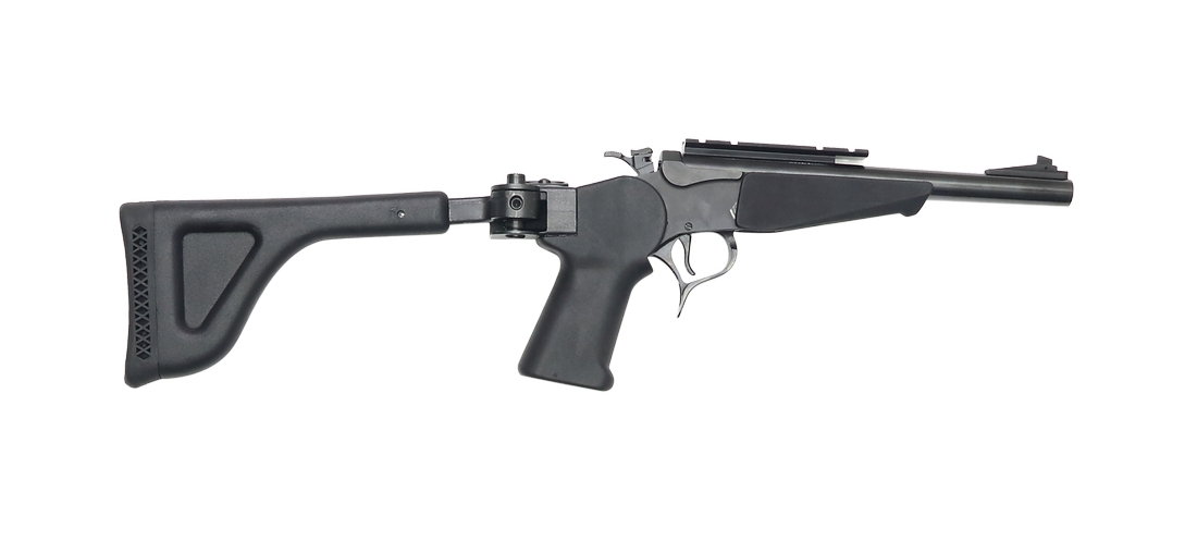 Thompson Contender, Kal. .44 Rem. Mag.,: Einzelschusspistole, Thompson Center Arms, Contender, Kal. .44 Rem. Mag., #G19702, brÃ¼nierte Metallteile, mit Kunststoff-Vorderschaft und Choate Tool Klappschaft, Lauf (25cm), mit Weavermontage, Zu
