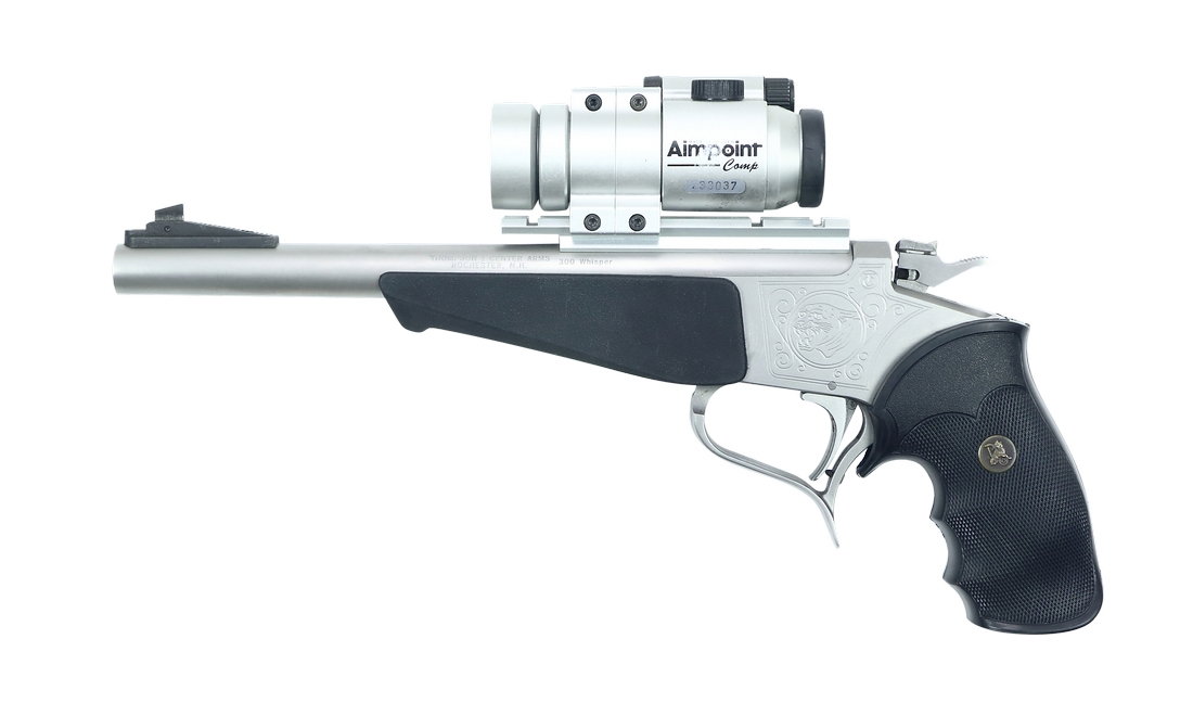Thompson Contender, Kal. .300 Whisper: Einzelschusspistole, Thompson Center Arms, Contender, Kal. .300 Whisper, #S35042, Stainless-Metallteile, Pachmayr-Griff, Polymer Vorderschaft, mit Aimpoint Comp, LauflÃ¤nge: 25cm, Zustand: B [WES]