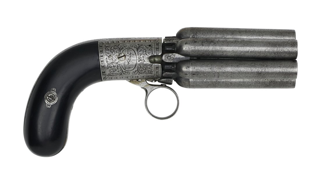 Percussion-"Pepperbox" Revolver, Belgian, ca. 1850,: Perkussions-Buendelrevolver/"Pepperbox", belgisch, um 1850, Kal. 7mm, #603, Sechs damaszierte, nummerierte Rundlaeufe, Kal. 7mm, gezogen. Unterhammersystem, Ringabzug. Rahmen sig. "MARIETTE BREVETE", 