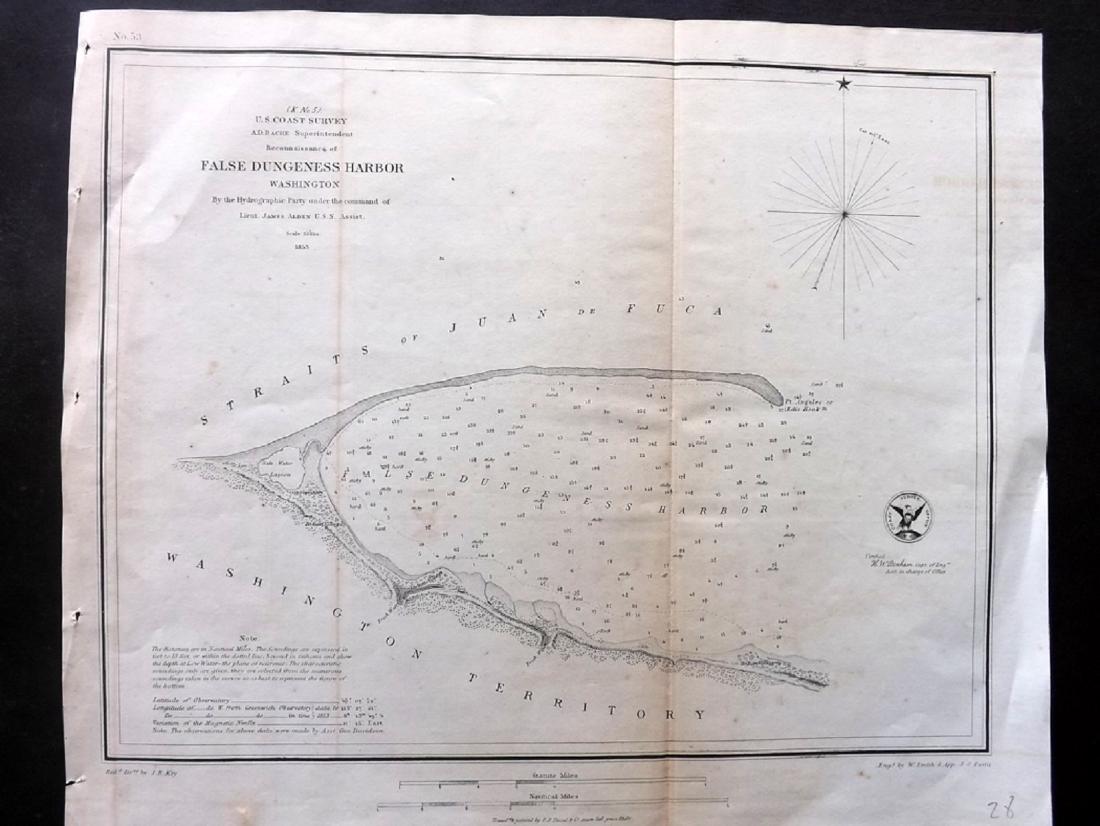 US Coast Survey 1853 False Dungeness Harbor, Washington: "Reconnoissance of False Dungeness Harbor Washington" Electrotype Map Published 1843-65, Washington for "Report of the Superintendent of the U.S. Coast Survey..." Published under the supervision and d