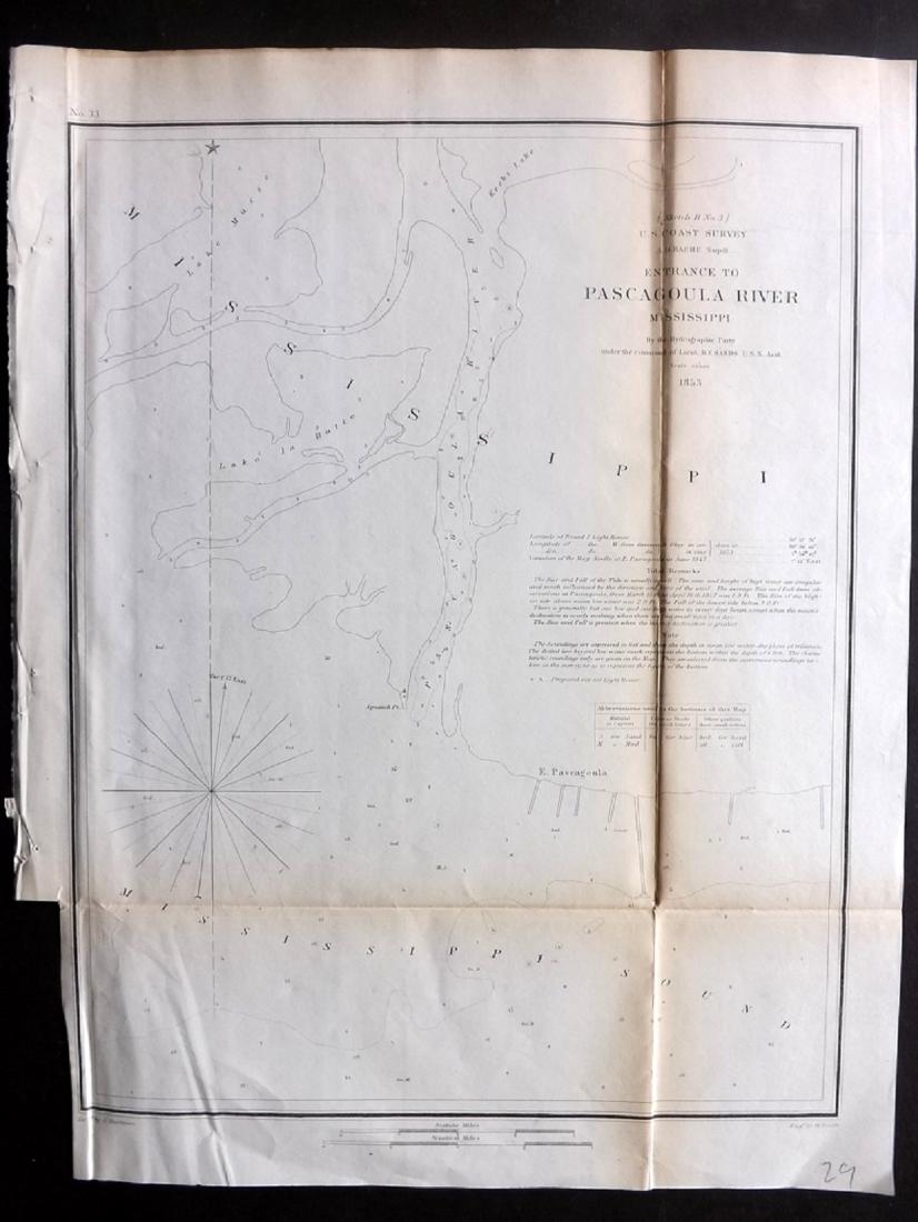 U.S. Coast Survey 1853 Pascagoula River, Mississippi: "Entrance to Pascagoula River Mississippi" Electrotype Map Published 1843-65, Washington for "Report of the Superintendent of the U.S. Coast Survey..." Published under the supervision and direction of