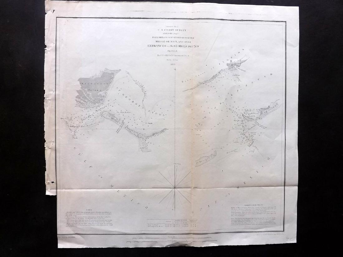 U.S. Coast Survey 1853 Map of St. Georges Sound,: "Preliminary Reconnaissance of the Middle or Main, and West Entrances to St. Georges Sound Florida" Electrotype Map Published 1843-65, Washington for "Report of the Superintendent of the U.S. Coast Su