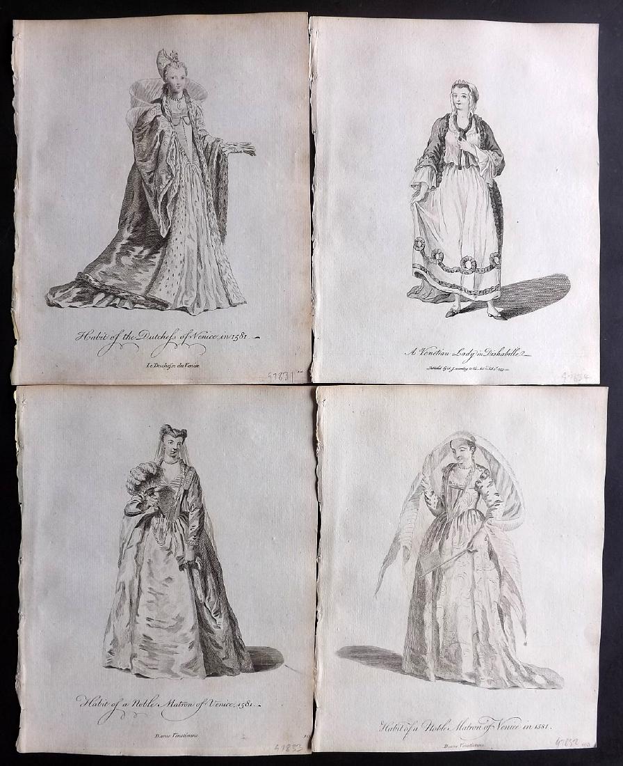 Jefferys, Thomas C1760 - 4 Italian Costume Print Venice: Copper Plates Published 1757-72, London for "Collection of the Dresses of Different Nations, Antient and Modern" by Thomas Jefferys. Illustrated after Holbein, Van Dyck, Hollar and others. Paper Size: