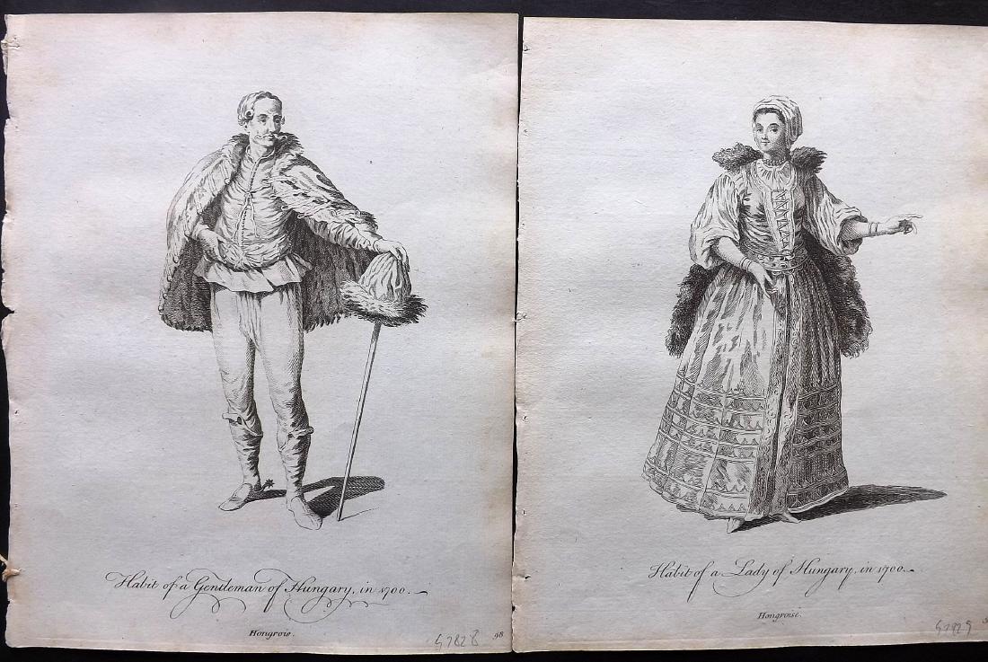 Jefferys, Thomas C1760 Pair of Costume Prints. Hungary: Copper Plates Published 1757-72, London for "Collection of the Dresses of Different Nations, Antient and Modern" by Thomas Jefferys. Illustrated after Holbein, Van Dyck, Hollar and others. Paper Size: