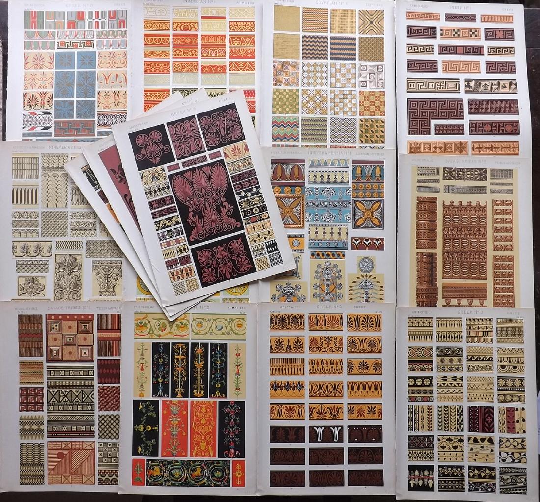 Jones, Owen 1910 Lot of 15 Architectural Design Prints: Incl Pompeian, Greek, Savage Tribes, Egyptian, Nineveh & Persia, Chromolithographs Published 1910, London for "The Grammar of Ornament" by Owen Jones. Paper Size: 13 x 9.5 (33 x 24cm) Good condition