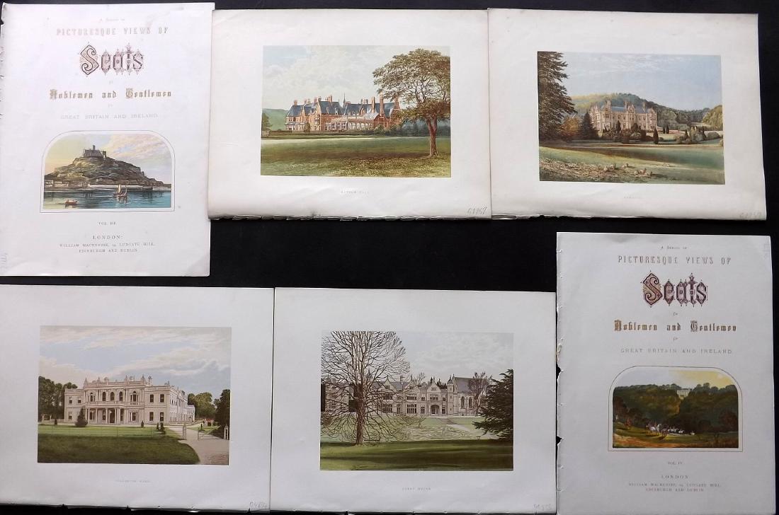 Morris Seats C1870 Group of 6 British Woodblock Views: Color Printed Woodblock Published 1866-1880 by William Mckenzie, London for "Picturesque Views of Seats of Noblemen and Gentlemen of Great Britain and Ireland" by the Rev. F. O. Morris. Printed by Ben