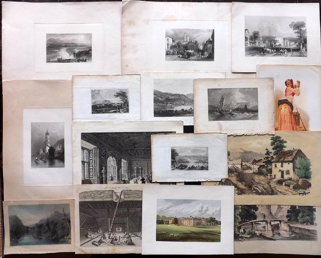 Travel C1760-1850 Lot of 15 Engravings and Lithographs: Incl Athens, Triport, Lake George (USA) Cairo Dancing Girl, Holme Lacy (UK) Winter Hunts at Kamschatka, Aar & Eterbeck, Utica, Heidelberg, Constantinople, Holland House (UK), Melrose, Mont Ferrand, an