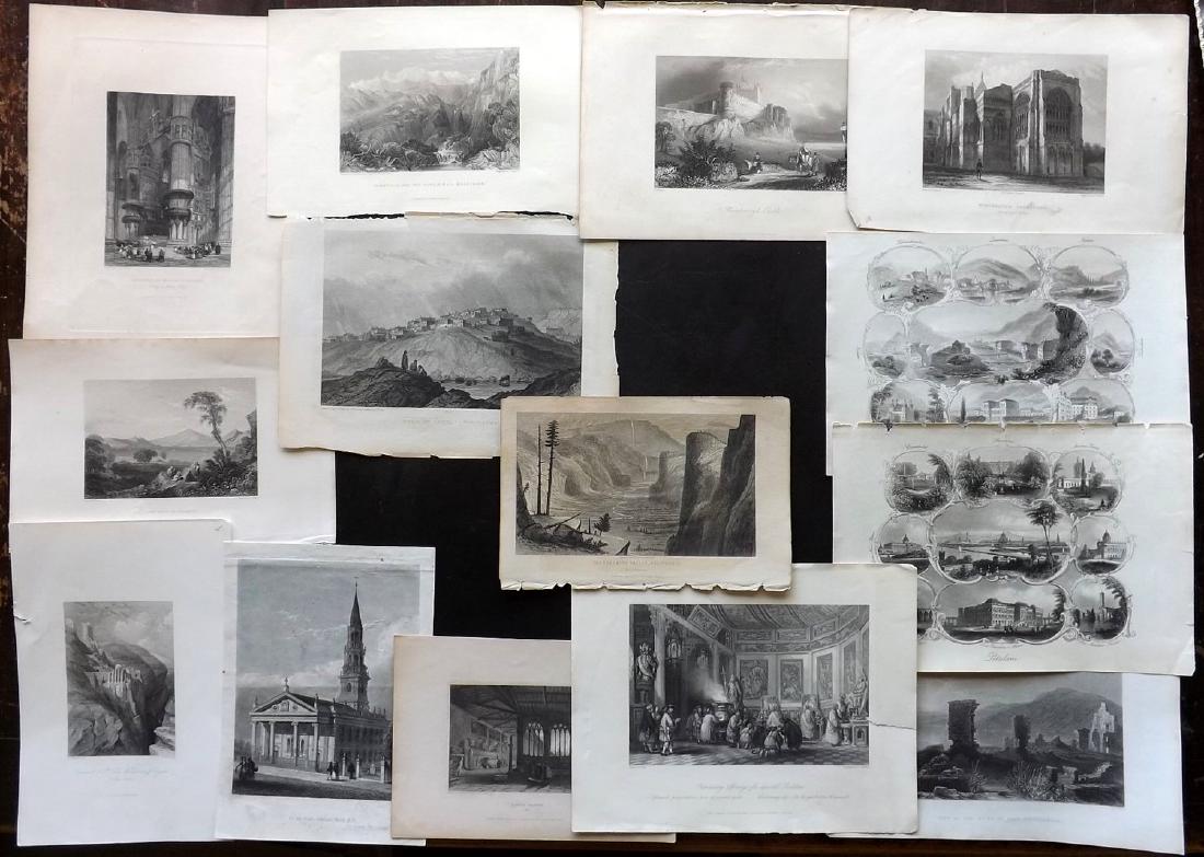 World Views 19th Century Lot of 14 Steel Engravings: Incl UK, USA, China, Germany, Italy, Holy Land, Greece, and India. Examples by Allom, David Roberts, Finden, Winkles, Harding, Bartlett, Eastman, Payne, The Lady's Friend and others. Paper Size: Up to