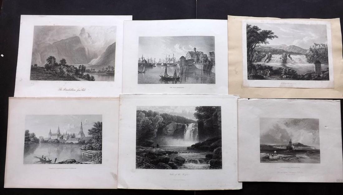 World Views C1830-80 Lot of 9 Steel Engravings: Incl UK, Denmark, Tunisia, Germany and Norway. Examples by Voyages and Travels, Picturesque Europe, Wright and others. Paper Size: Up to 13 x 10 inch (33 x 25cm) Minor toning in parts. Good Condition