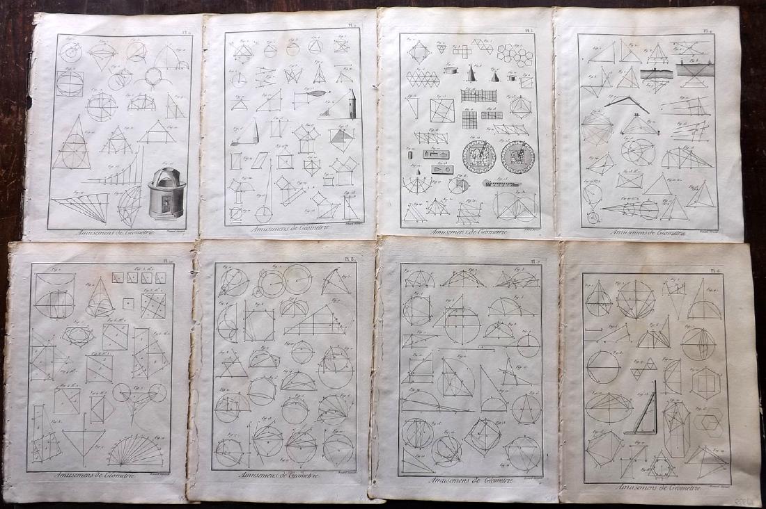 Diderot, Denis C1790 Lot of 8 Science & Tech Prints: Geometry. Copper Plates Published 1782-1832, Paris for "Encyclopedie Methodique ou par Ordre de Matieres par une Societe de gens de Lettres de Savans et D'Artistes" by Denis Diderot. Paper Size: 12.5