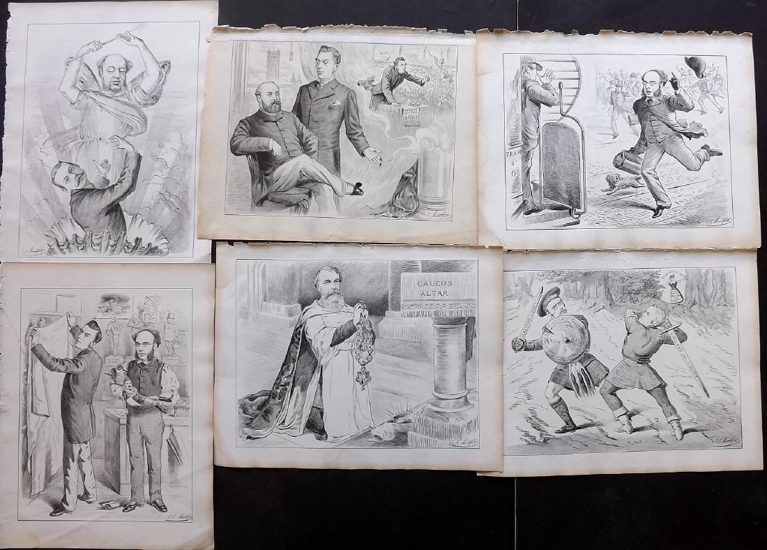 Mountfort, E. C. 1880s - 6 Political Cartoons from Dart: Lithograph Published 1876-1911, Birmingham for "The Dart" Also titled "Birmingham Pictorial and Dart" and "Dart and Midland Figaro" Illustrated by E. C. Mountfort. Proof before letters. Rare. Paper Si