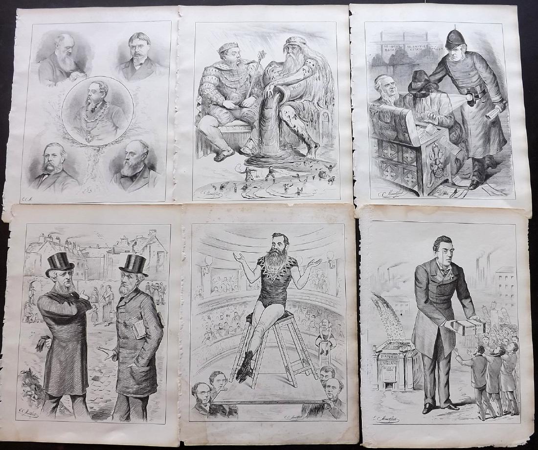 Mountfort, E. C. 1880s - 6 Political Cartoons from Dart: Lithograph Published 1876-1911, Birmingham for "The Dart" Also titled "Birmingham Pictorial and Dart" and "Dart and Midland Figaro" Illustrated by E. C. Mountfort. Proof before letters. Rare. Paper Si