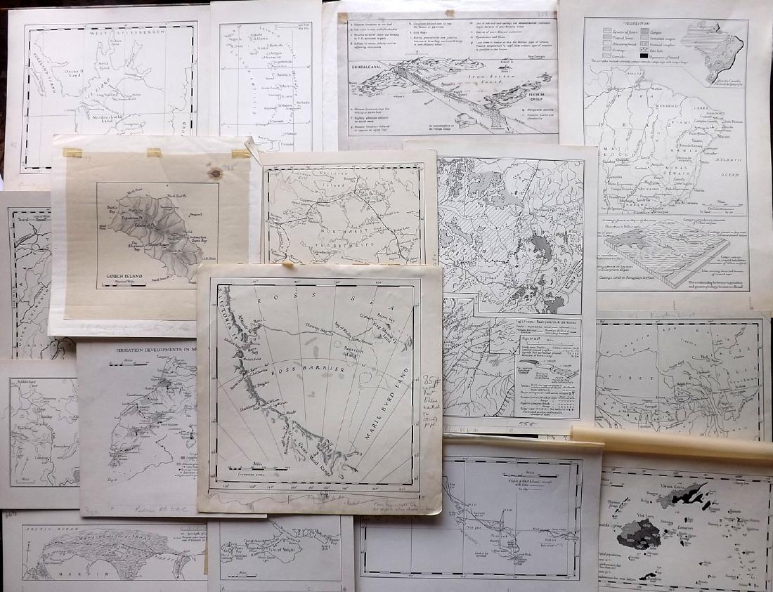RGS - Geographical Journal C1945 Lot 16 Manuscript Maps: Incl Canada, Isle of Wight, Burma, Norway, Gough Island, Fiji, Tibet, Leeward Islands, South Africa, Antarctic, Uganda, Morocco, Canada, and Brazil. Lot of 16 Hand Drawn Manuscript (one is printed) Al