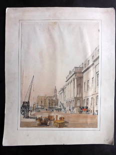 London - Boys, Thomas Shotter 1842 Print. Custom House: Large Folio Lithograph Published 1842, London for "Original Views of London As It Is" by Thomas Shotter Boys. Abbey Scenery: 239. Paper Size: 22 x 17.5 inch (56 x 44cm) Trimmed and mounted to thick ca