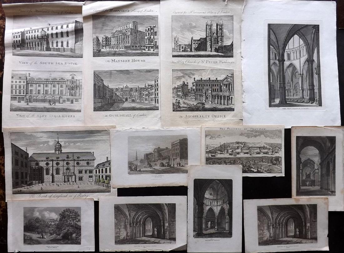 London C1760-1820 Lot of 12 Copper Plates: Copper Plates, all of London. Examples by Beauties of England and Wales, Harrison, London Magazine, Grose, and others. Paper Size: Up to 12.5 x 8.5 inch (32 x 22cm) Good Condition