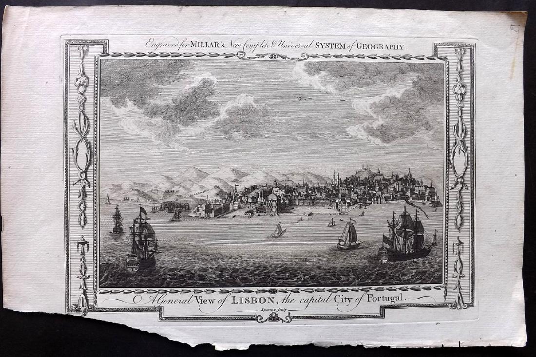 Miller, George 1782 Copper Engraving of Lisbon Portugal: Copper Plate Published 1782 London for "Millar's New Complete & Universal System of Geography" by George Henry Millar. Paper Size: 15 x 9.5 inch (38 x 24cm) Some loss to bottom margin, otherwise Good 