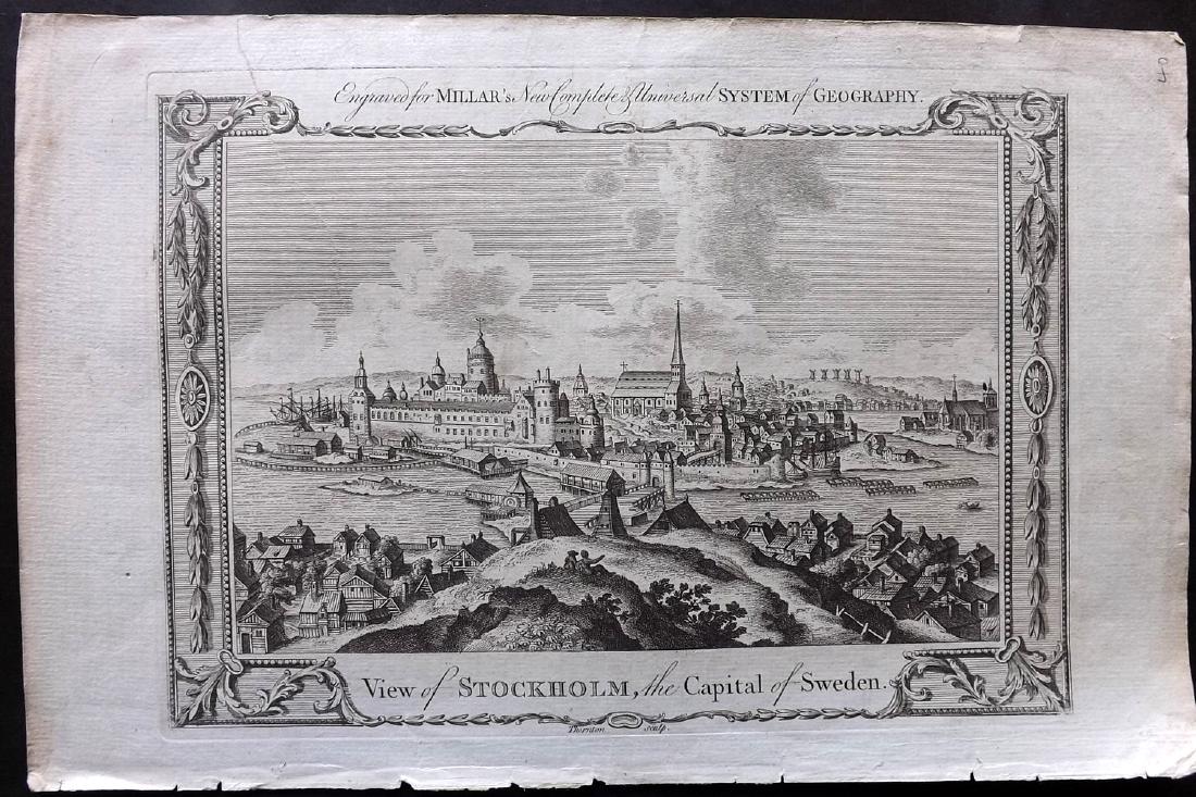 Miller, George 1782 Engraving of Stockholm, Sweden: Copper Plate Published 1782 London for "Millar's New Complete & Universal System of Geography" by George Henry Millar. Paper Size: 15 x 9.5 inch (38 x 24cm) Discrete closed tear affecting image, other