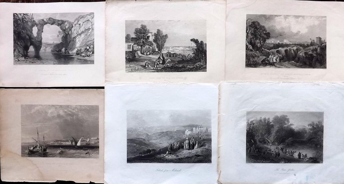 North Africa & Holy Land C1840 Lot of 6 Prints: Incl Tunisia, Algeria, Israel, and Jordan. Mostly from Wright's "The Shores and Islands of the Mediterranean" Others after Bartlett. Paper Size: 10 x 8 inch (26 x 20cm) Approx. Some staining to margin