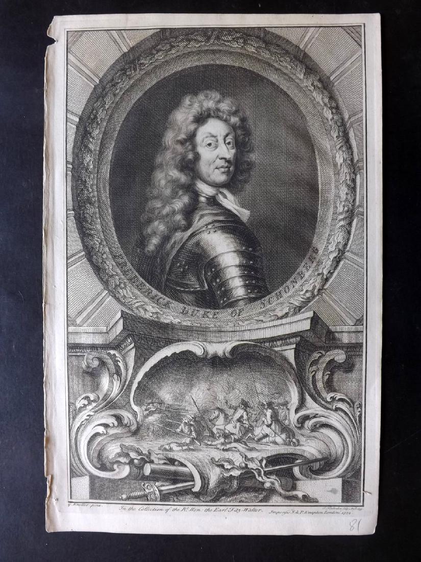 Houbraken, Jacobus 1743 Portrait of Duke of Schonberg: Copper Plate Published London, 1743-52 for "Heads of Illustrious Persons of Great Britain" by Thomas Birch. Engraved by Jacobus Houbraken. Paper Size: 15.5 x 9.5 inch (39 x 24cm) Tiny chip to left mar