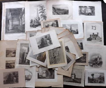British Views C1780-1880 Century Lot of 85 Engravings: Copper and Steel Engravings. Examples by Winkles, Beauties of England and Wales, Dugdale, Westall, Fisher, Grose, Boswell, Bartlett, Finden and others. Paper Size: Up to 10 x 8 inch (25 x 20cm) Some t