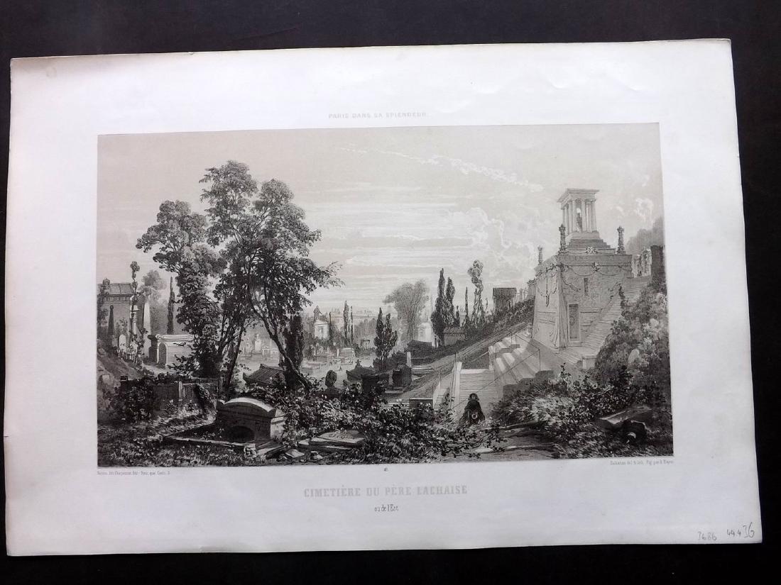 Paris dans sa Splendeur 1863 Cimetiere du Pere Lachaise: Lithograph Published 1861-63, Paris for "Paris dans sa Splendeur" Edited by Henri Charpentier. Mostly Drawn by Felix Bonoist, and Lithographed by Benoist and others. Paper Size: 19 x 13 inch (48 x 33c