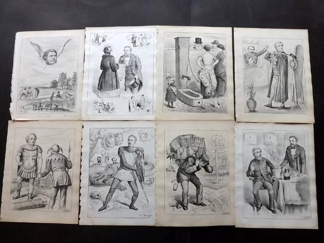 Mountfort, E. C. 1880s - 10 Political Cartoons from: Lithograph Published 1876-1911, Birmingham for "The Dart" Also titled "Birmingham Pictorial and Dart" and "Dart and Midland Figaro" Illustrated by E. C. Mountfort. Proof before letters. Rare. Paper Si