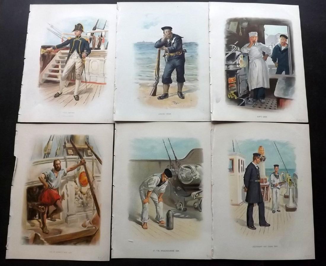 Naval, Maritime 1893 Lot of 7 Antique Prints of Sailors: Chromolithographs Published 1889-1893 by J.S.Virtue & Co., London for "Her Majesty's Navy" By Lt. Charles Rathbone Low. Illustrated by W. Christian Symons and W. Fred Mitchell. Paper Size: 11 x 8 inch