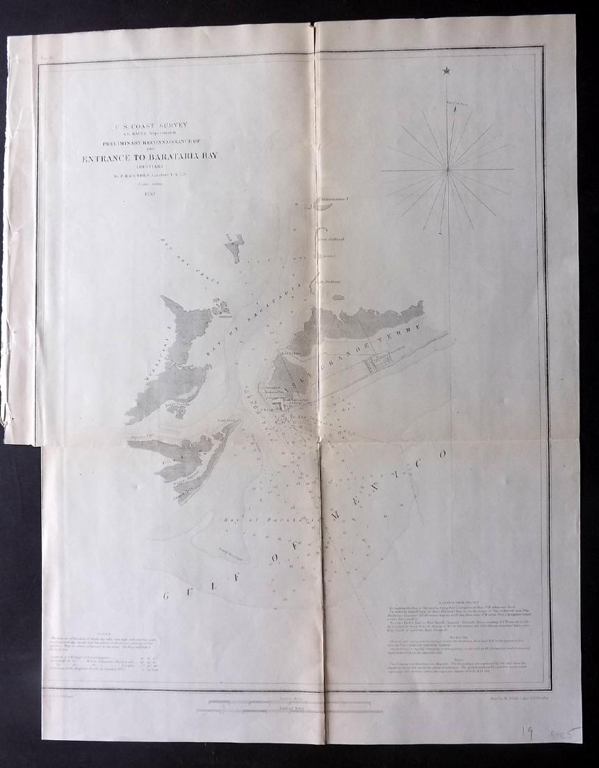 U.S Coast Survey 1853 Map. Barataria Bay, Louisiana: "Preliminary Reconnaissance of Entrance to Barataria Bay Louisiana" Electrotype Map Published 1843-65, Washington for "Report of the Superintendent of the U.S. Coast Survey..." Published under the sup
