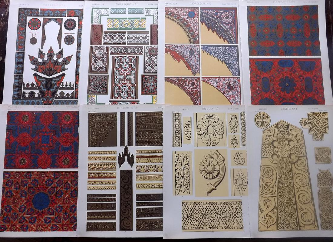 Jones, Owen 1910 Lot of 10 Architectural Design Prints: Chromolithographs Published 1910, London for "The Grammar of Ornament" by Owen Jones. Paper Size: 13 x 9.5 (33 x 24cm) Good condition