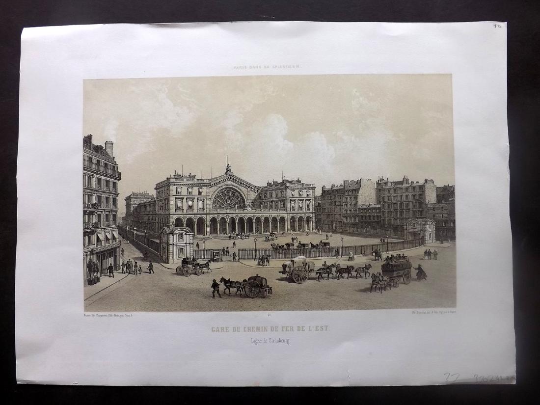 Paris dans sa Splendeur 1863 Gare du Chemin: Lithograph Published 1861-63, Paris for "Paris dans sa Splendeur" Edited by Henri Charpentier. Mostly Drawn by Felix Bonoist, and Lithographed by Benoist and others. Paper Size: 19 x 13 inch (48 x 33c