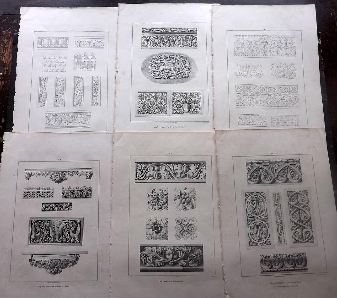 Roux, H. 1841 Group of 6 Folio Architectural Prints: Lithographs Published 1841, Paris for "Monumens d'architecture Gothique, Romane, de la Renaissance" by H. Roux. Paper Size: 17.5 x 11.5 inch (44 x 29cm) Minor toning to most. Otherwise fine