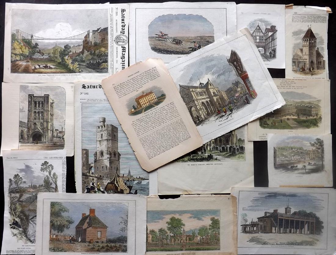 Hand Coloured Views 19th Century Lot of 15 Wood Engs.: Lot of 15 Wood Engravings. Mostly UK & USA. Also Germany & Switzerlad. All with verso text. Paper Size: Up to 10.5 x 8.5 inch (27 x 22cm) Some trimmed from larger sheets. Good condition overall.