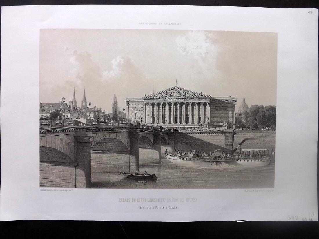 Paris dans sa Splendeur 1863 Palais du Corps Legislatif: Lithograph Published 1861-63, Paris for "Paris dans sa Splendeur" Edited by Henri Charpentier. Mostly Drawn by Felix Bonoist, and Lithographed by Benoist and others. Paper Size: 19 x 13 inch (48 x 33c