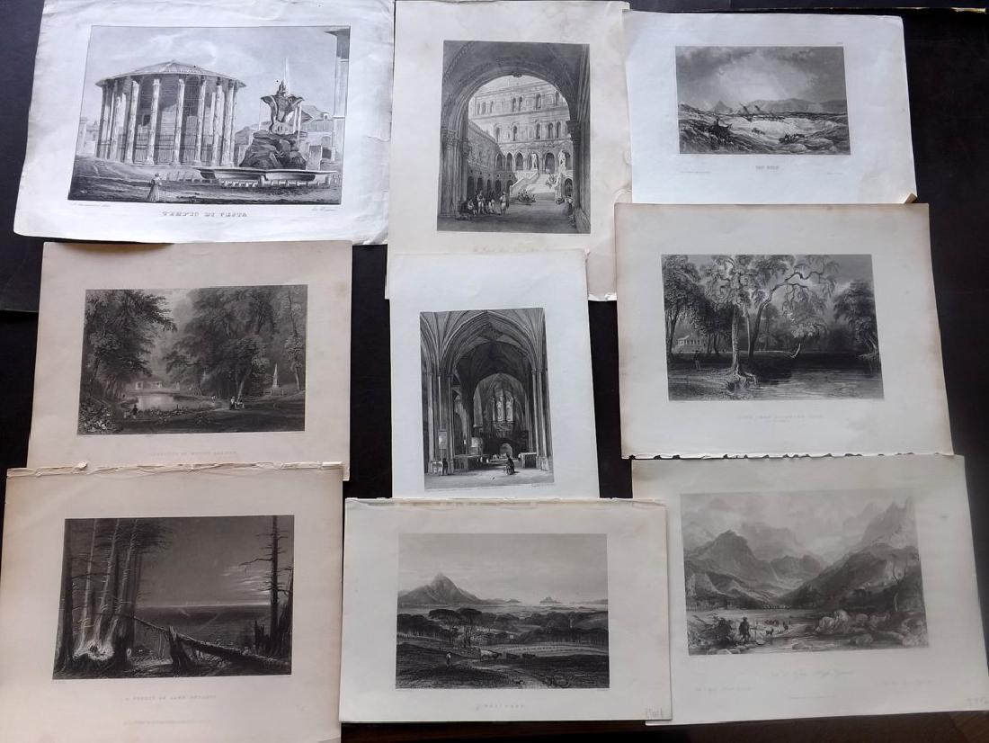World Views 19th Century Lot of 9 Engravings: Lot of 8 Steel Engravings and one Lithograph. Incl Italy, Belgium, UK, Ireland, USA, and Chile. Examples by Meyers Universum, Bartlett, Winkles, Lazzarini, and others. Paper Size: Up to 13 x 9.5 inch 