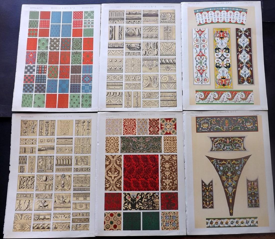 Jones, Owen 1910 Lot of 8 Architectural Design Prints: Chromolithographs Published 1910, London for "The Grammar of Ornament" by Owen Jones. Paper Size: 13 x 9.5 (33 x 24cm) Good condition