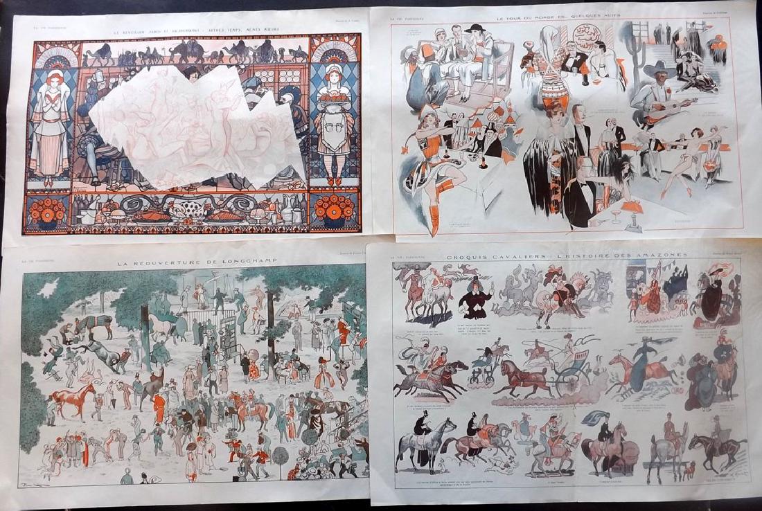 La Vie Parisienne C1920 Lot of 6 Art Deco Double Prints: Lithographs Published Paris, C1920 for "La Vie Parisienne" Illustrated by Lissac, Vallet, Valee, Prejelan, Georges Léonnec and others. Verso text, but none showing through front side. Minor staple ho